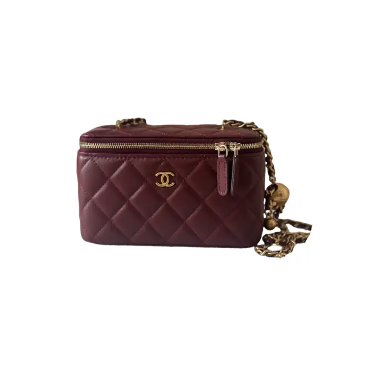 高仿香奈兒/Chanel Vanity Case 金屬球鏈條菱格紋酒紅色化妝包
