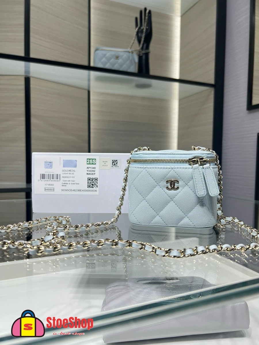 高仿香奈兒/Chanel Box Bag菱格紋鏈條斜挎化妝包 淺藍色 18 高仿香奈兒/Chanel Box Bag菱格紋鏈條斜挎化妝包 淺藍色