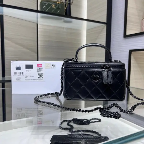高仿香奈兒/Chanel Vanity Case黑色小型菱形格紋手提肩背包