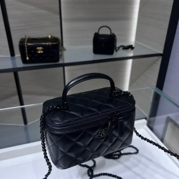 高仿香奈兒/Chanel Vanity Case黑色小型菱形格紋手提肩背包
