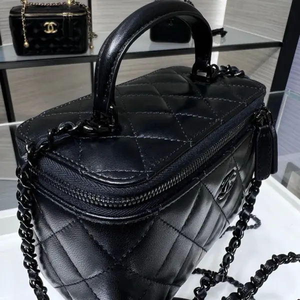 高仿香奈兒/Chanel Vanity Case黑色小型菱形格紋手提肩背包