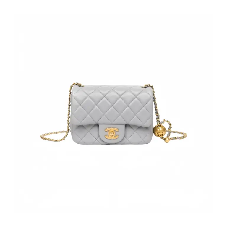 高仿香奈兒/Chanel Classic Flap 淺灰色金球迷你Flap Bag