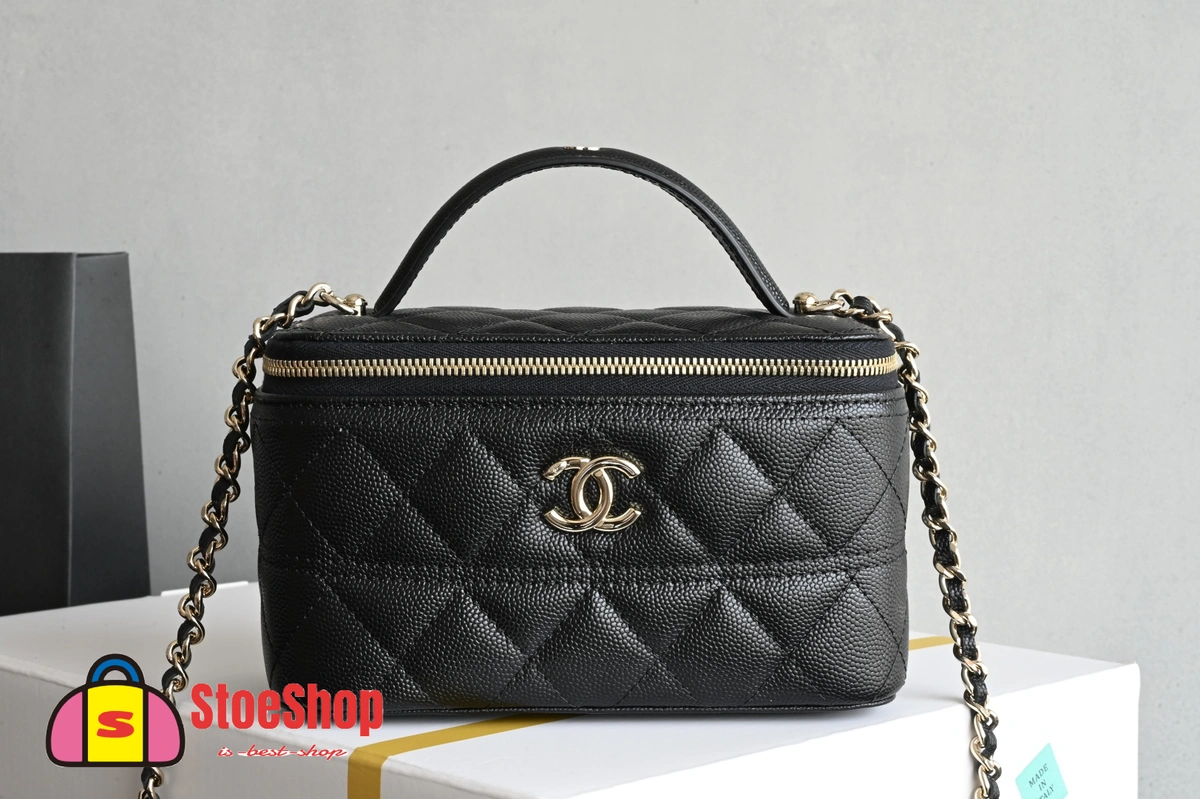 高仿香奈兒/Chanel Vanity Case 菱格紋雙C扣鏈條黑色化妝包