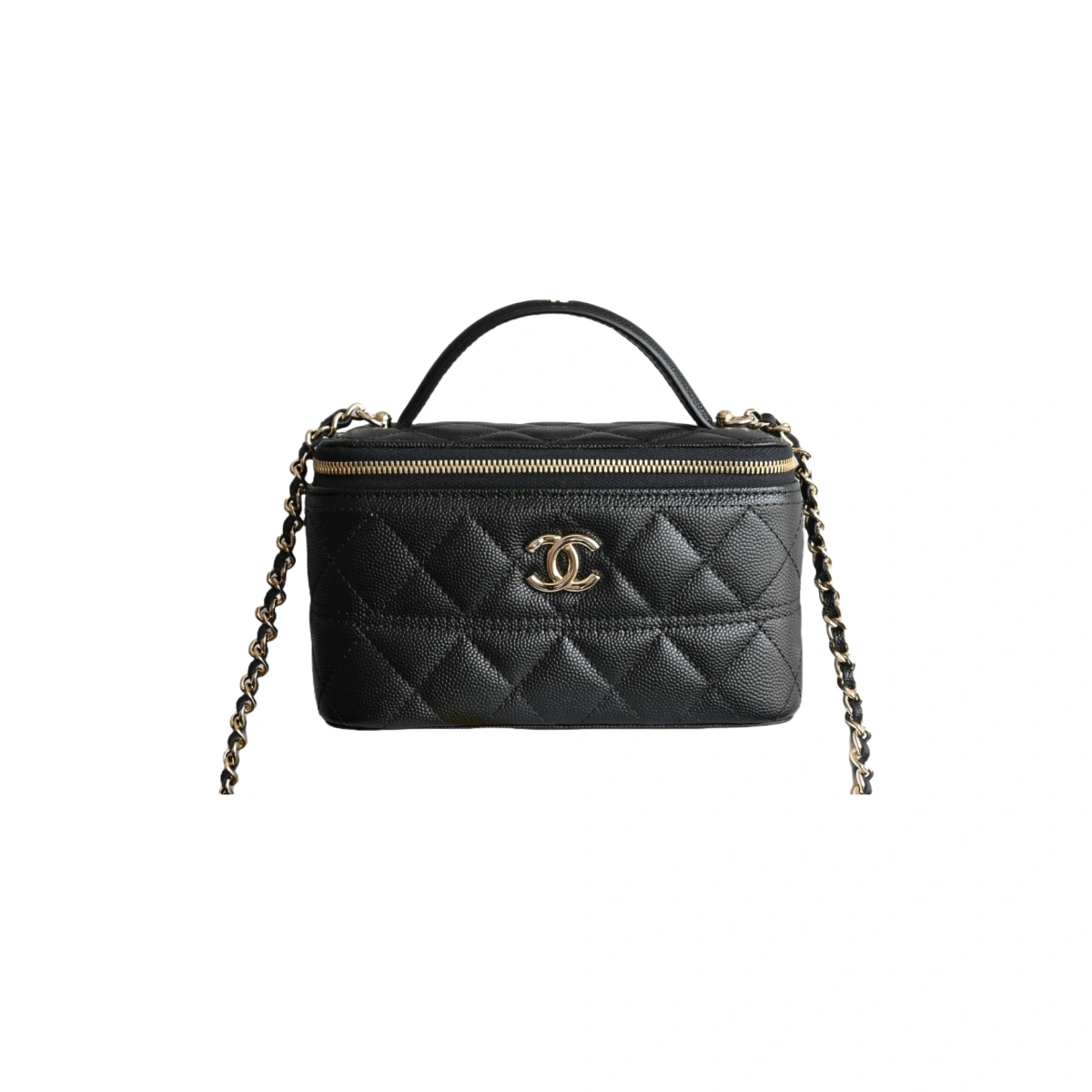 高仿香奈兒/Chanel Vanity Case 菱格紋雙C扣鏈條黑色化妝包