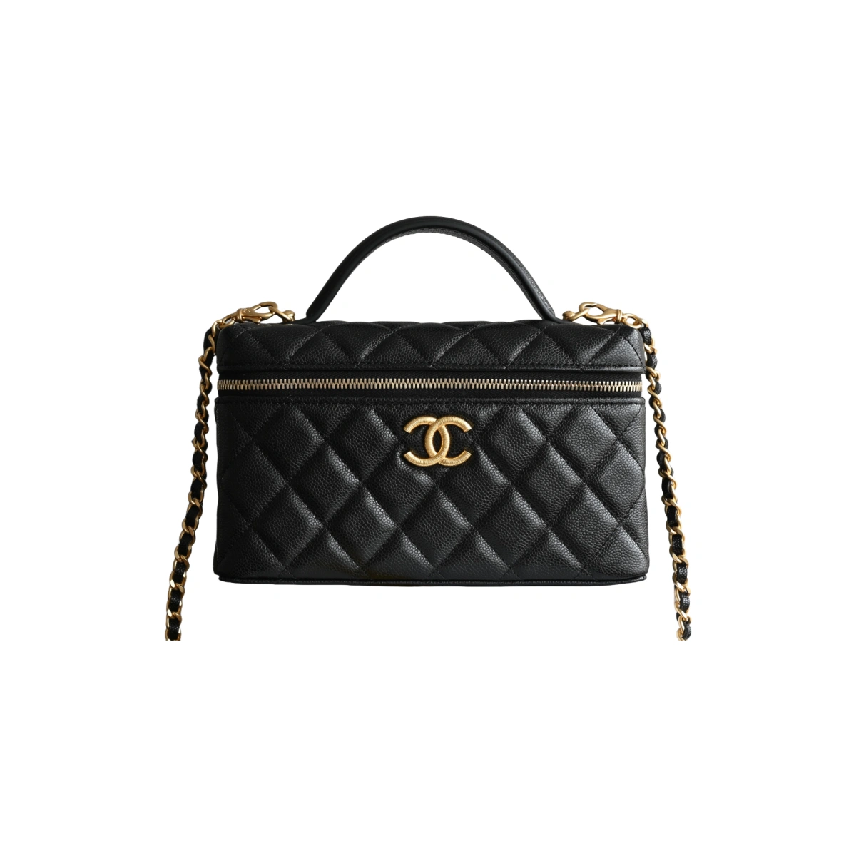 高仿香奈兒/Chanel Vanity Case系列 黑色菱格紋雙C扣鏈條化妝包