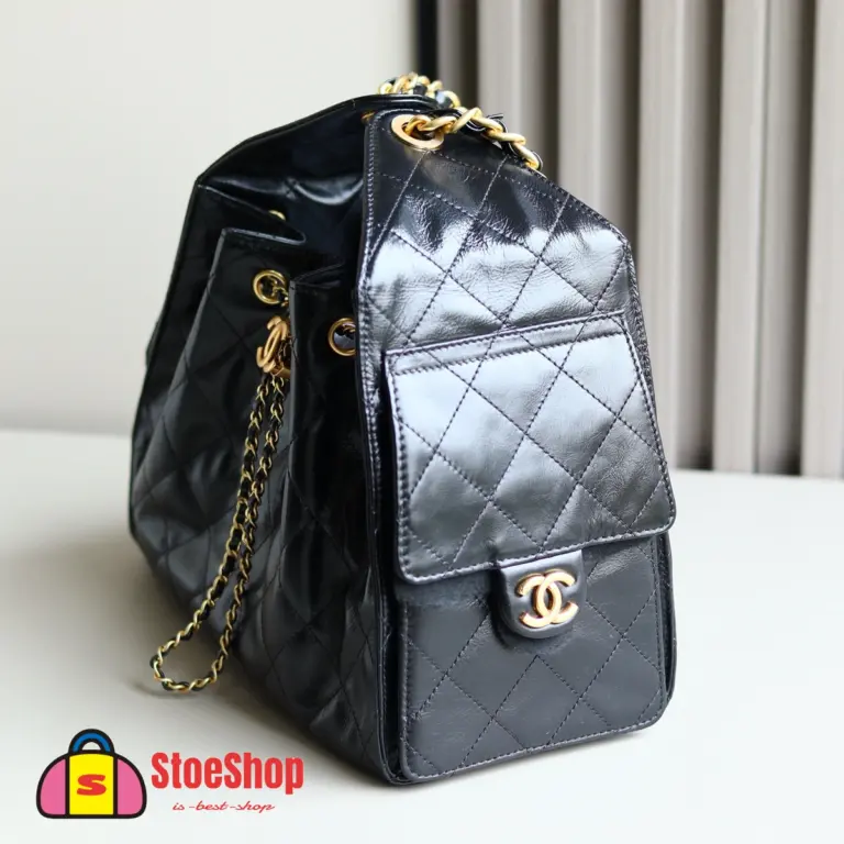 高仿香奈兒/CHANEL 25C Hobo 肩背包 黑金 Onda Verde小牛皮