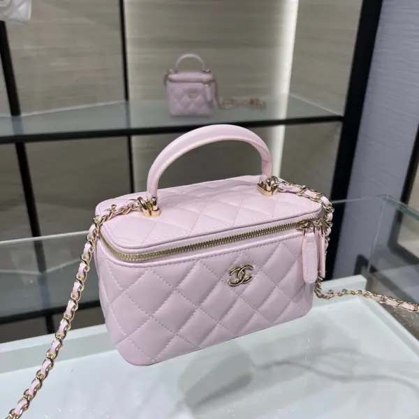 高仿香奈兒/Chanel Vanity Case 粉色方形鏈條手提化妝包