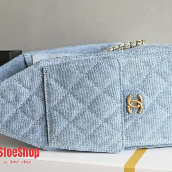 高仿香奈兒/Chanel Bucket系列牛仔布抽繩水桶包 淺藍色