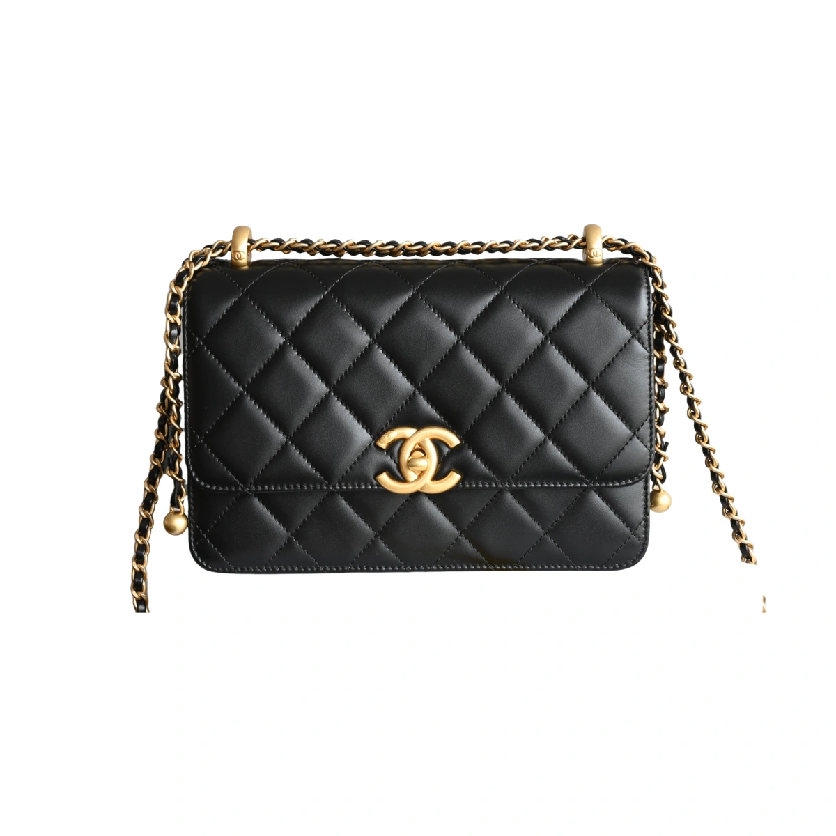 高仿香奈兒/Chanel Classic Flap 帶金球菱格紋鏈條單肩包 黑色