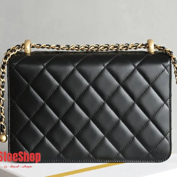 高仿香奈兒/Chanel Classic Flap 帶金球菱格紋鏈條單肩包 黑色