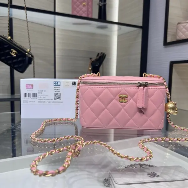 高仿香奈兒/Chanel Vanity Case 方形菱格紋粉色化妝包/斜挎包
