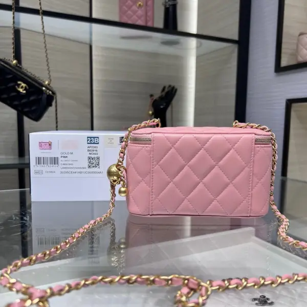 高仿香奈兒/Chanel Vanity Case 方形菱格紋粉色化妝包/斜挎包