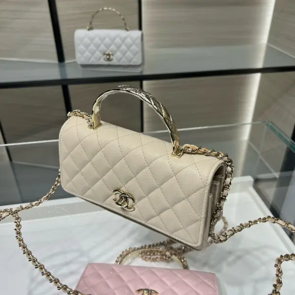 高仿香奈兒/Chanel WOC系列 米白色帶手柄菱格紋鏈條包