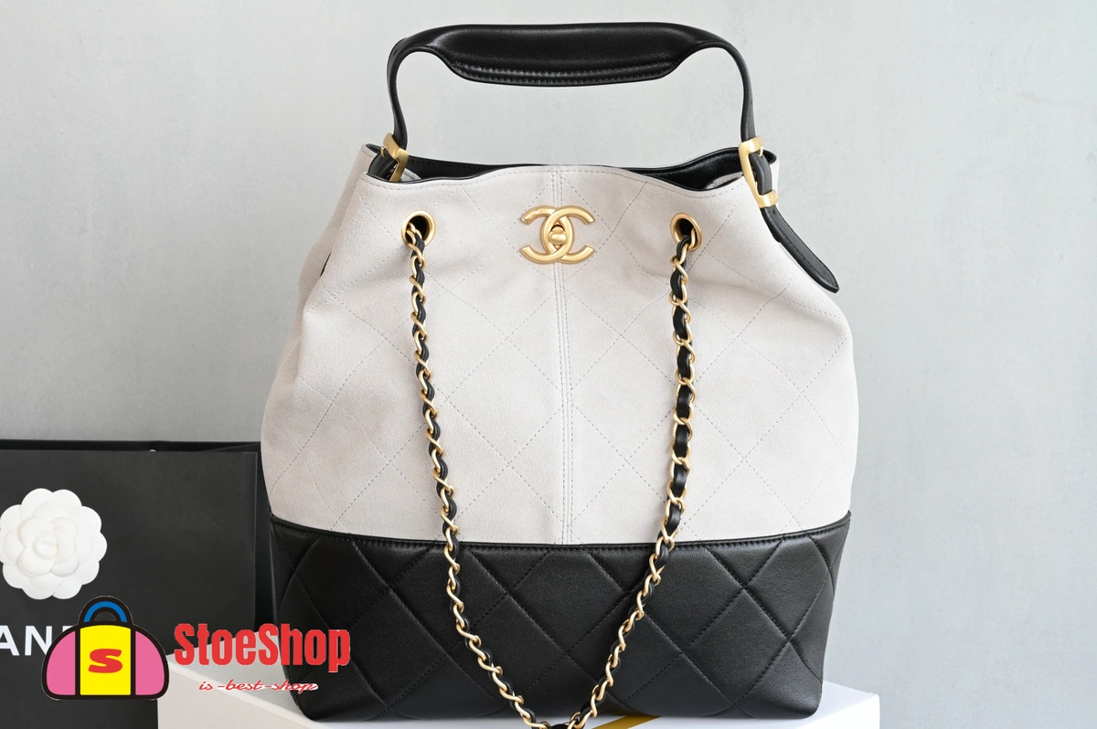 高仿香奈兒/Chanel Deauville Bucket Bag 米白色與黑色拼接