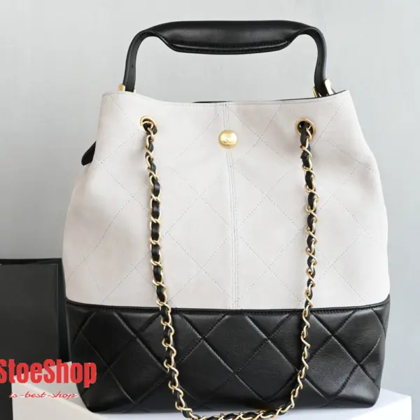 高仿香奈兒/Chanel Deauville Bucket Bag 米白色與黑色拼接