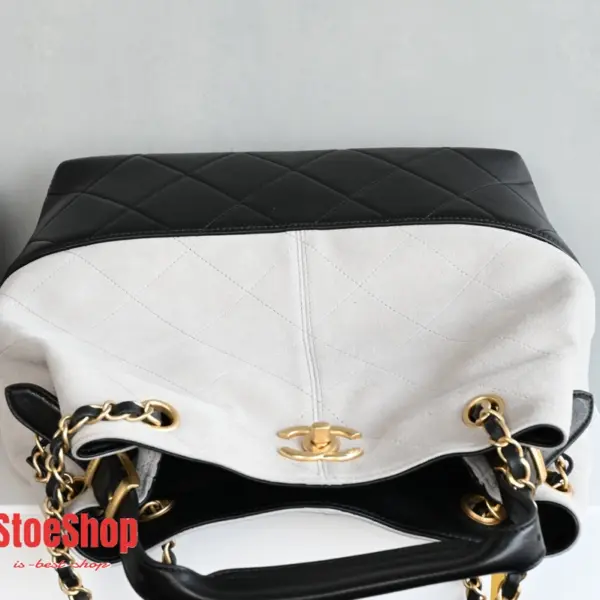 高仿香奈兒/Chanel Deauville Bucket Bag 米白色與黑色拼接