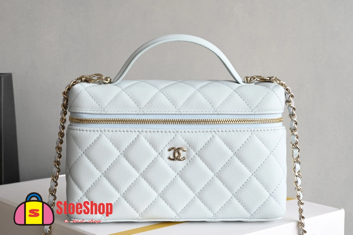 高仿香奈兒/Chanel 香奈兒 Vanity Case 白色 菱格紋金屬鏈條肩帶迷你化妝包