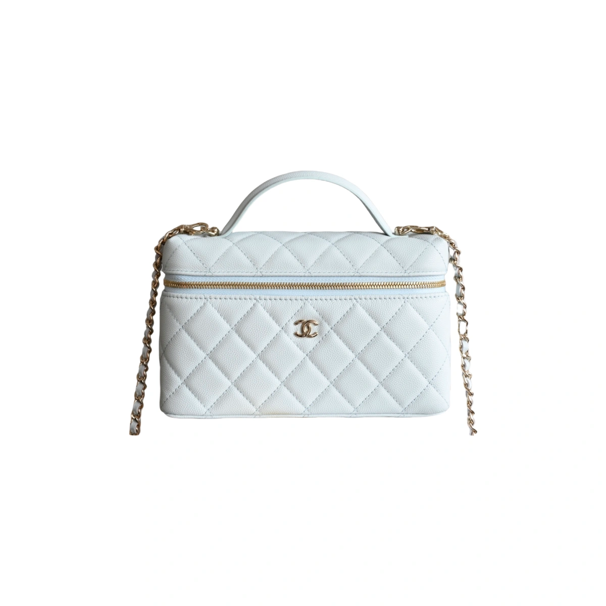 高仿香奈兒/Chanel 香奈兒 Vanity Case 白色 菱格紋金屬鏈條肩帶迷你化妝包