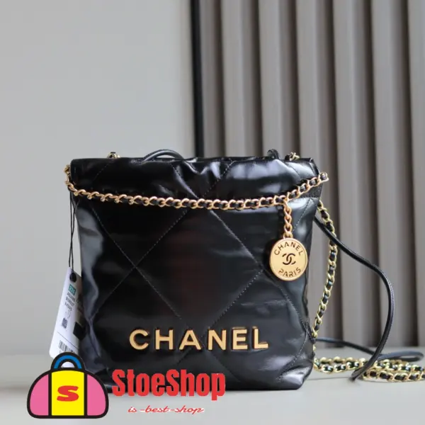 高仿香奈兒/Chanel 22 Mini 垃圾袋肩背包｜黑色亮面小牛皮×金鍊飾