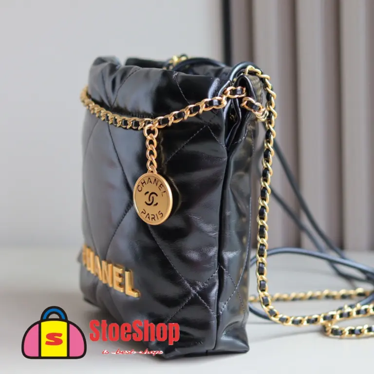 高仿香奈兒/Chanel 22 Mini 垃圾袋肩背包｜黑色亮面小牛皮×金鍊飾