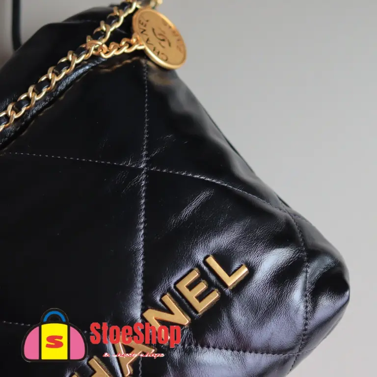 高仿香奈兒/Chanel 22 Mini 垃圾袋肩背包｜黑色亮面小牛皮×金鍊飾