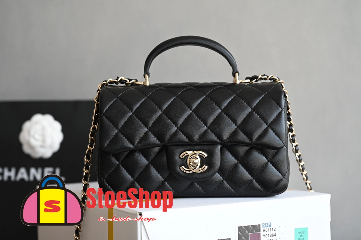 高仿香奈兒/Chanel Classic Flap Mini 黑色帶手柄菱形格紋翻蓋包