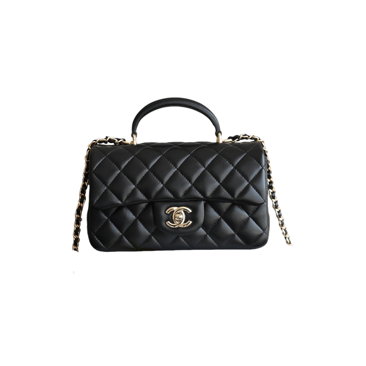 高仿香奈兒/Chanel Classic Flap Mini 黑色帶手柄菱形格紋翻蓋包