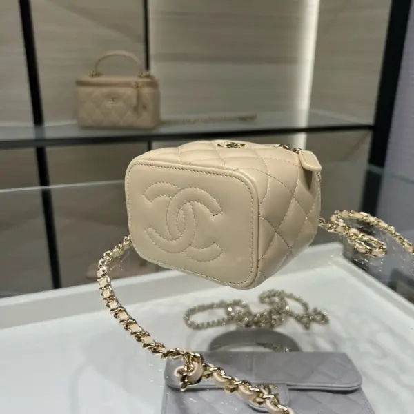 高仿香奈兒/Chanel Vanity Case 迷你方盒形拉鏈杏色化妝包