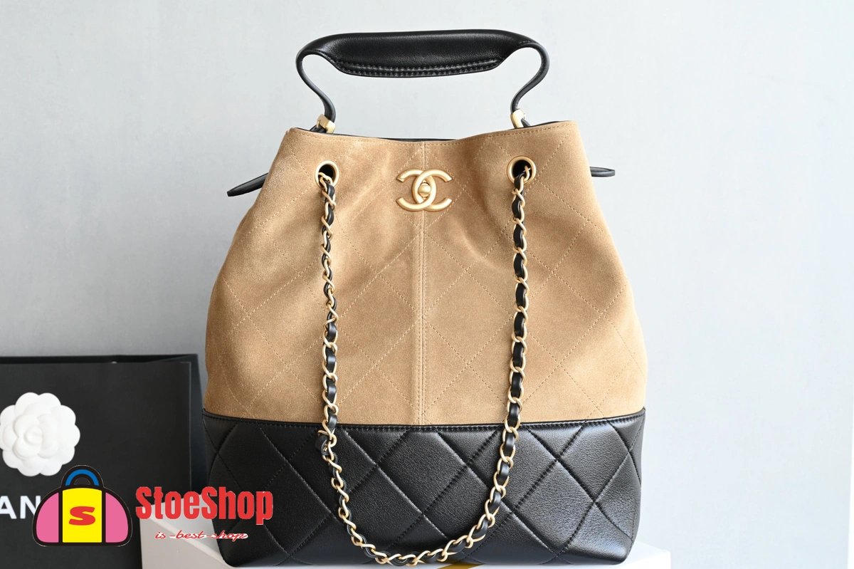高仿香奈兒/Chanel Drawstring Bucket Bag 黑棕拼接水桶包