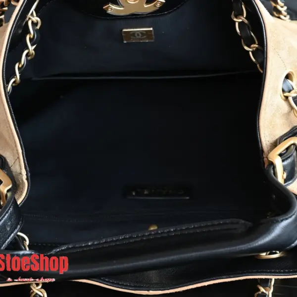 高仿香奈兒/Chanel Drawstring Bucket Bag 黑棕拼接水桶包