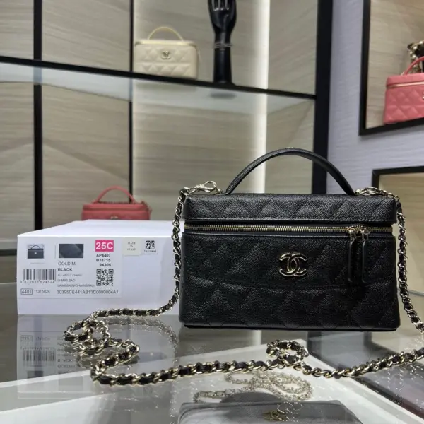 高仿香奈兒/Chanel Vanity Case系列 菱格紋雙拉鏈手柄包 黑色