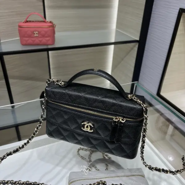 高仿香奈兒/Chanel Vanity Case系列 菱格紋雙拉鏈手柄包 黑色